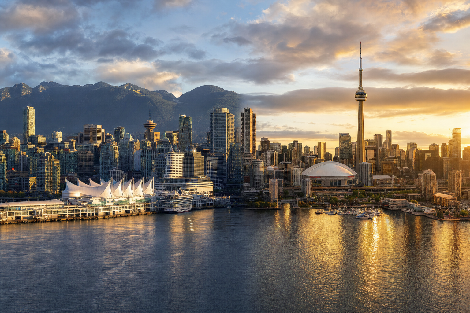 Vancouver and Toronto waterfront skylines — Verico Finex Lending serves British Columbia and Ontario